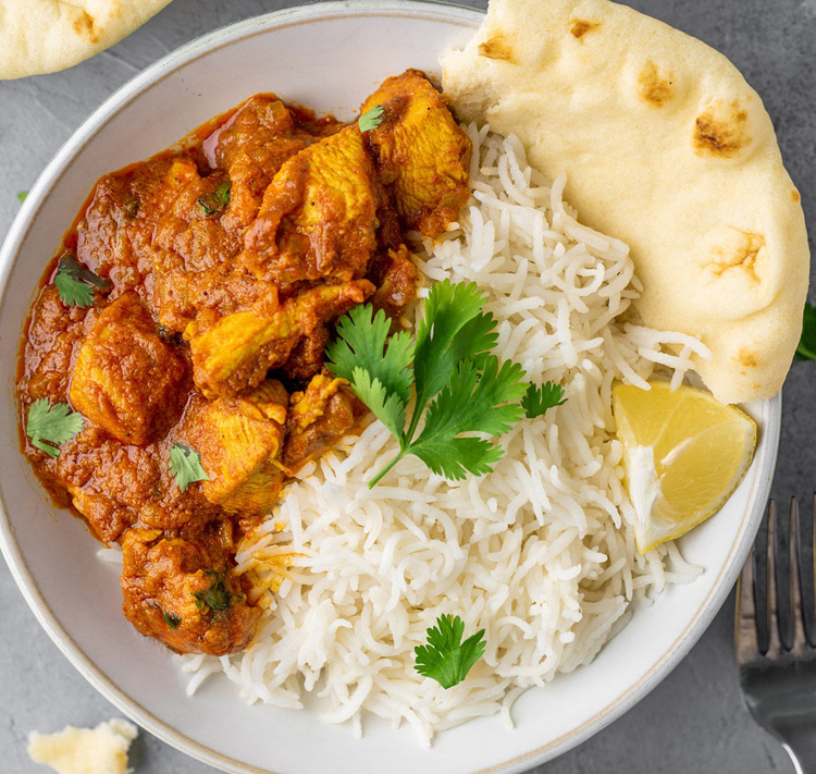 Indian Chicken Curry With Fluffy Rice + Naan Bread